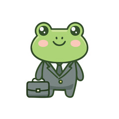 Obraz premium An adorable cartoon frog dressed as a business professional, carrying a briefcase and sporting a suit. The frog is ready for work and smiles in anticipation