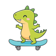 A cute cartoon dinosaur is skateboarding with a smiling face