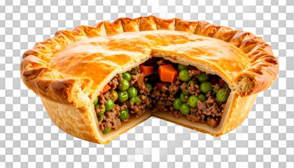 Sliced meat pie with peas and carrots