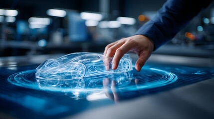 Hand interacting with a holographic car design.