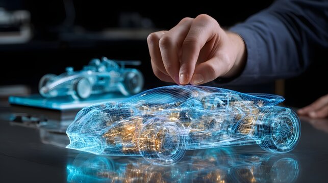 A hand interacts with a digital model of a car.