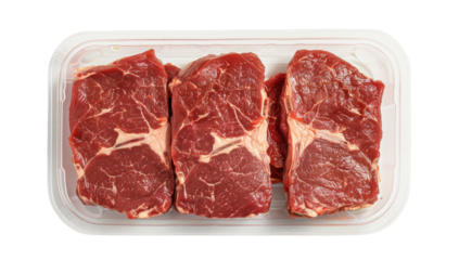 Three raw steaks in a clear plastic tray