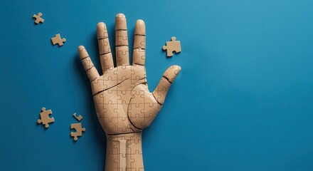 Puzzle hand, a creative mind: The hand, a symbol of humanity and connection, is artfully composed of puzzle pieces. A unique symbol that symbolizes an individual's life journey. This artistic.