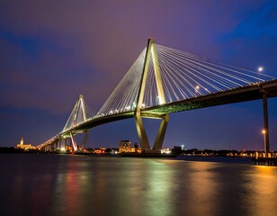 Obraz premium Illuminated cable-stayed bridge at night over calm water