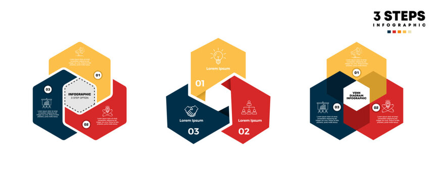 Set Venn diagram infographic chart template for business 3 step options, presentation with venn diagram elements vector illustration.	