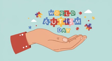 World Autism Day: A symbolic illustration of World Autism Day, showcasing a supportive hand gently cradling colorful puzzle pieces, signifying understanding and inclusion.