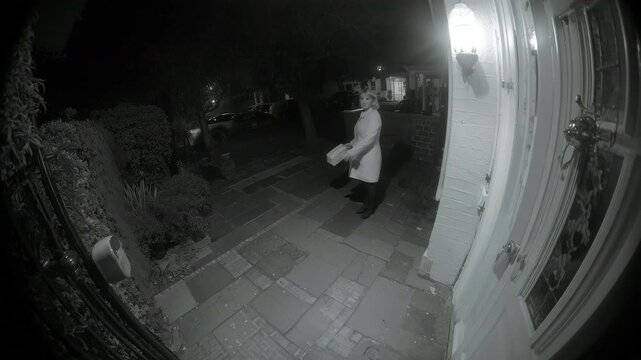 Night porch scene &mdash; woman clutching a package furtively approaches and peers up at a stationary fisheye doorbell camera