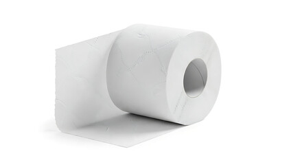 A roll of white toilet paper unraveled slightly on a plain white surface in a close up shot view