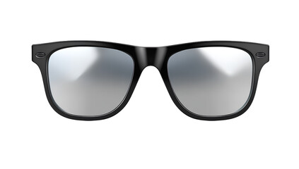 Fototapeta premium Modern black frame sunglasses with reflective lenses, front view isolated, PNG
