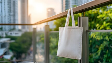 Blank tote bag hanging from a balcony railing.