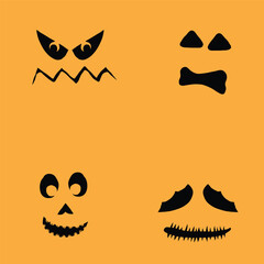 Halloween set of silhouettes for pumpkin character creation. Halloween pumpkin collection, shapes, eyes, noses, emotions, creepy and spooky elements decoration. Vector.