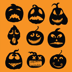Halloween faces and pumpkins icon set. Spooky black pumpkin smiles on orange background. Emotional pumpkin face gestures for Halloween holiday and design decoration. Vector.