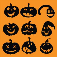 Halloween faces and pumpkins icon set. Spooky black pumpkin smiles on orange background. Emotional pumpkin face gestures for Halloween holiday and design decoration. Vector.