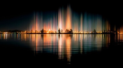 Fototapeta premium City skyline reflected on a still water surface at night, illuminated by colorful light displays.