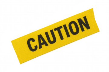 Yellow caution tape with black letters spelling caution provides safety warning message on a transparent background