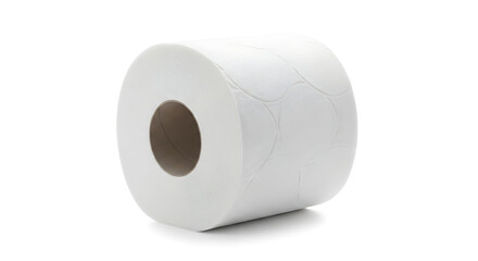 A single roll of white toilet paper is displayed against a plain white studio background in a close up