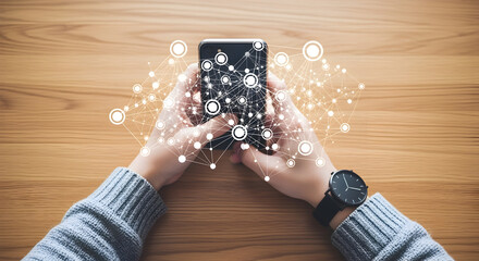 Hands Using a Smartphone with Digital Network Overlay on Wooden Tabletop Demonstrating Modern Connection and Technology
