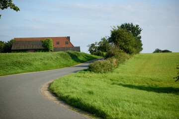 Fototapeta premium country house in the countryside,a winding asphalt road cutting through a lush, green landscape. The road curves gently to the right, bordered on both sides by vibrant, grassy hills