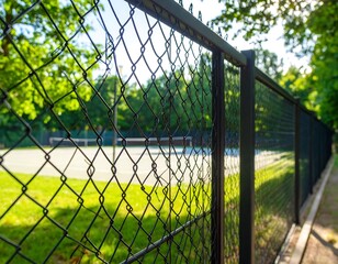 Fototapeta premium Chain link fence surrounds a tennis court