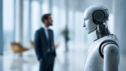 Futuristic Humanoid Robot Facing Business Professional in Modern Lobby. Ai gen.
