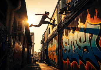 Man Performing Parkour Move at Sunset