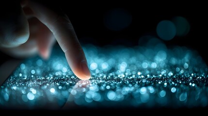 Fingertip interaction with a glowing touch screen.
