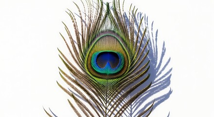 Obraz premium A single, vibrant peacock feather with its iridescent eye pattern, isolated on a white background