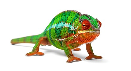 A vibrant green and orange chameleon with striking patterns, isolated on a white background