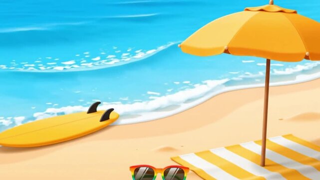 A vibrant illustration of a tropical beach getaway scene with a yellow surfboard, umbrella, and sunglasses on a sandy shore by the blue ocean.