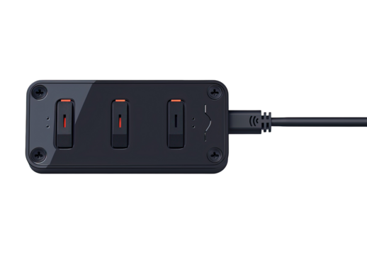 Dark gray rectangular device with three switches and a USB cable