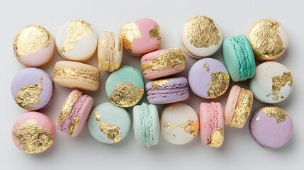 Colorful macarons decorated with gold leaf.