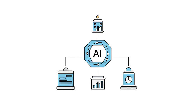 Conceptual ai diagram with building data chart and clock on a white background illustration