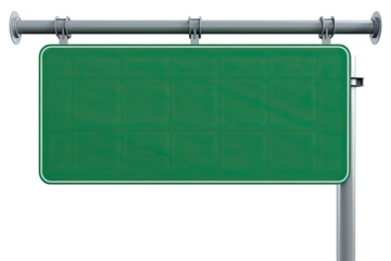 Blank green highway sign affixed to a metal framework