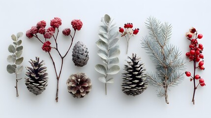 Arrangement of winter botanicals on a white surface.