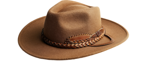 A light brown cowboy hat with a braided leather band