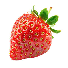 Close-up of a single, ripe strawberry.  Vibrant red skin, dotted with tiny, yellowish seeds.  Fresh green leaves sprout from the top.  Isolated against a black background