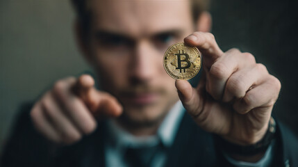 Businessman Holding Bitcoin in Focus with Blurred Background. Ai gen.
