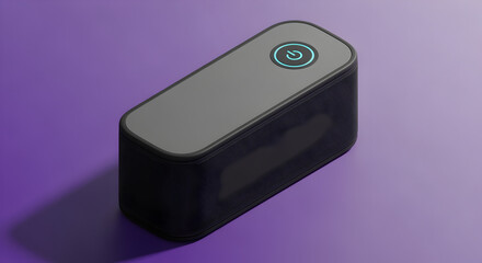 Isometric Pixel Art Grey Rectangular Object with Circular Button on Purple Surface Casting Shadow in Digital