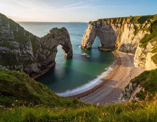 Dramatic coastal scenery with sea arches, a secluded beach, and lush green hills.