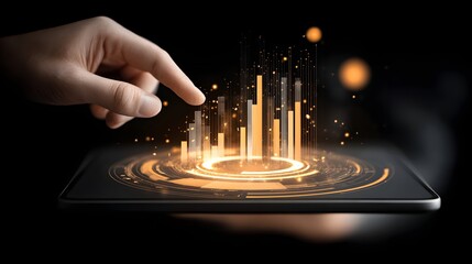 Hand interacting with a digital graphic of data analysis on a tablet.