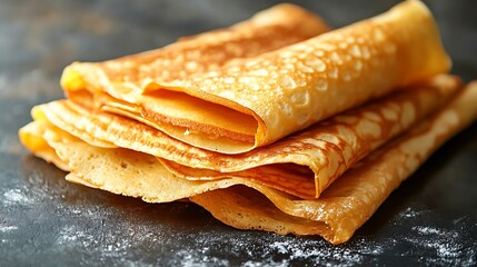 Folded crepes on dark surface
. Thin golden crepes folded and stacked on rustic dark background. Light and lacy texture for sweet or savory fillings. National Pancake Week