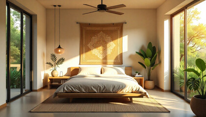 A serene bedroom interior bathed in warm, natural light.