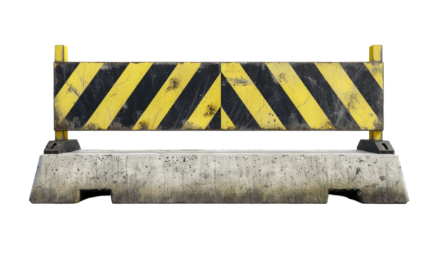 A weathered, yellow and black striped barrier sits atop a concrete base
