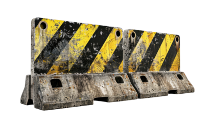 Two weathered,  yellow-and-black striped construction barriers,  showing signs of wear and dirt,  isolated on black background