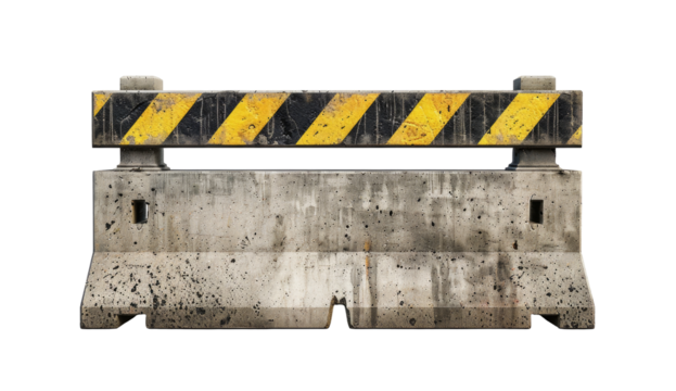 Gray concrete barrier with yellow and black stripes