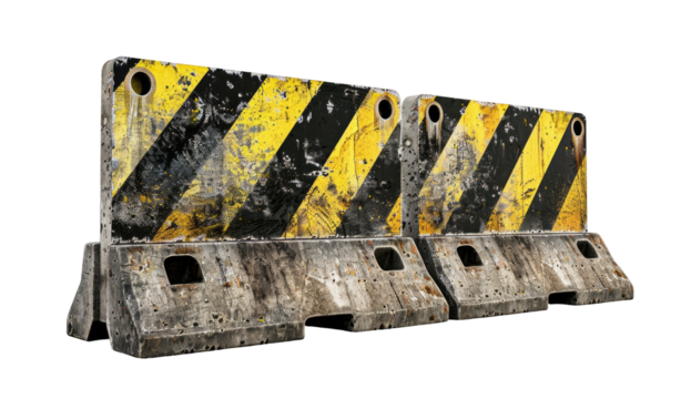 Two weathered,  yellow-and-black striped construction barriers,  showing signs of wear and dirt,  isolated on black background