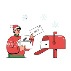 Illustration of a man in a Santa hat putting holiday mail into a red mailbox with snowflakes falling around him.