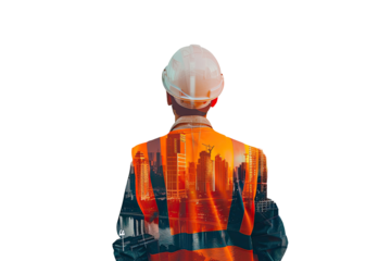 Double exposure of construction worker, city skyline