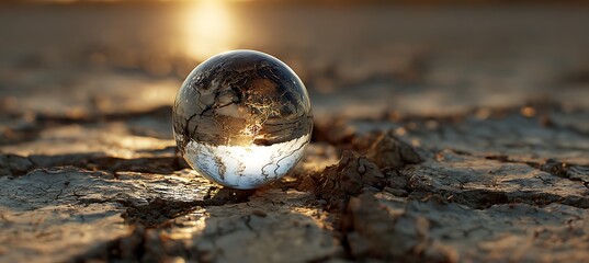 Radiant evening sun illuminates a fragile glass globe on the dry, fractured earth surface
