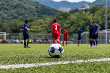Fototapeta premium Soccer ball on a field during a match with players competing